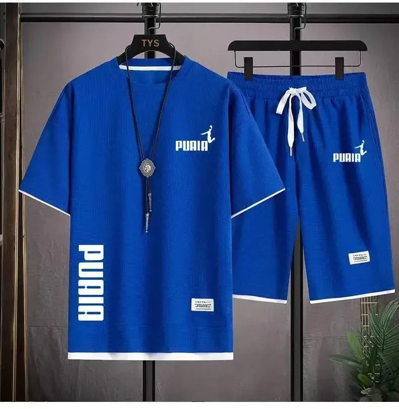 2026 new men's summer clothing, quick drying, breathable, elastic, short sleeves + short pants, two-piece set, a combination of