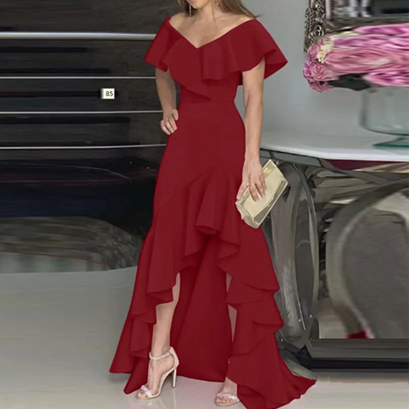 Summer Women Elegant Evening Long Dress 2025 Fashion Elegant V Neck Slim Wrap Hip Solid Color Party Prom Ruffle Sleeves Vestidos