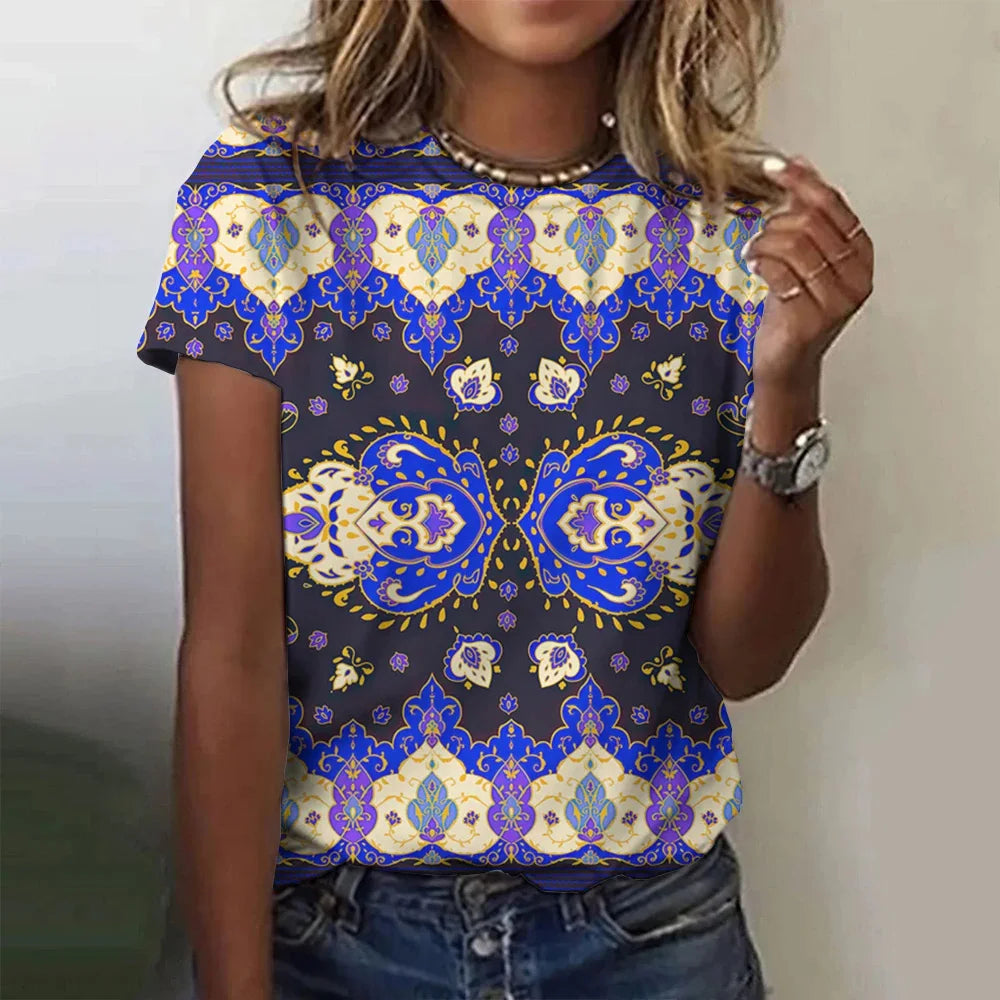 Summer Women Clothing T-shirt Crewneck Top Casual Comfort Short Sleeve Vintage Print Loose Breathable Clothing Women's T-shirt