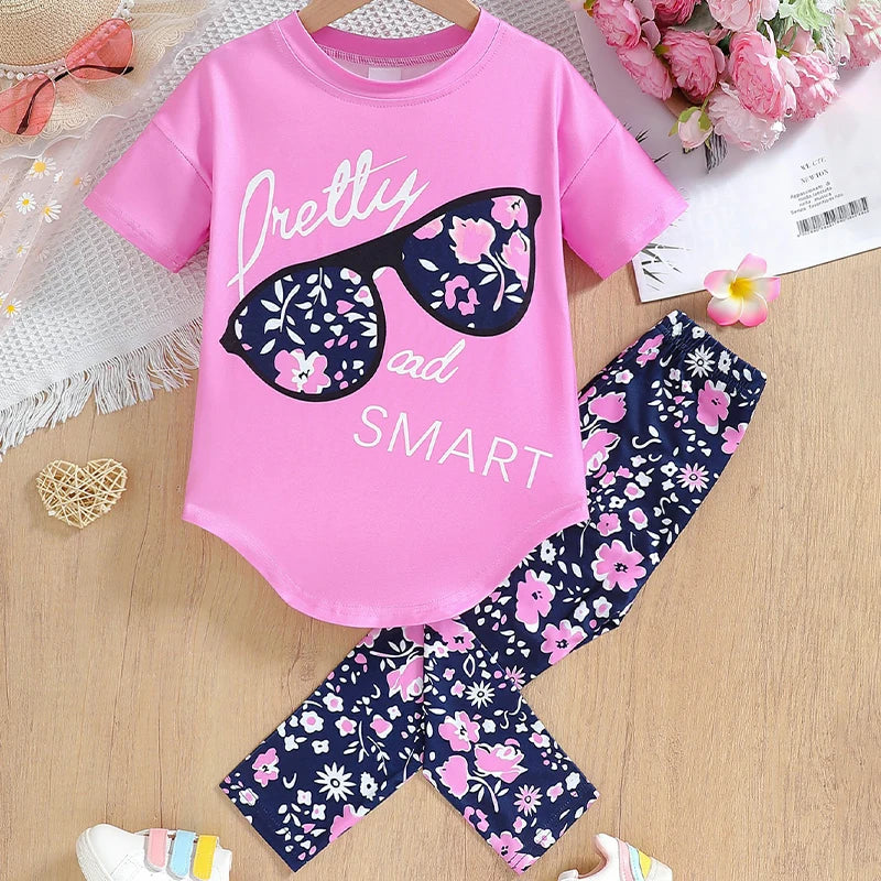 Summer Girls Clothing Sets 2024 New Cotton Fashion Short Sleeve T-shirt + Long Pants 2Pcs Suit for Kids Clothes 4 5 6 7 Years