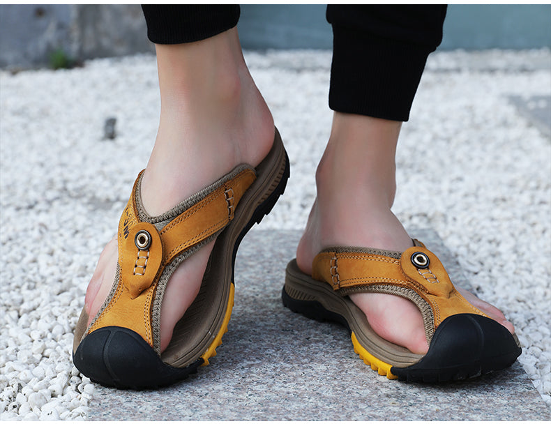 Genuine Cow Leather Shoes Men Sandals Mens Flip Flops Men's Casual Shoes Classic Massage Beach Slippers Anti-slip Summer 2021
