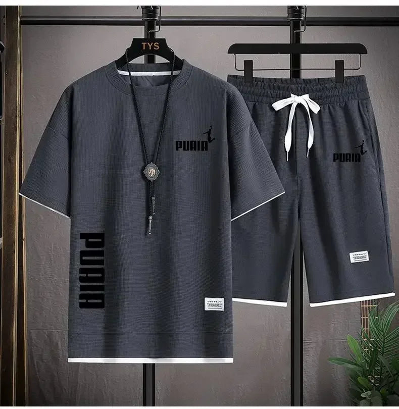 2026 new men's summer clothing, quick drying, breathable, elastic, short sleeves + short pants, two-piece set, a combination of