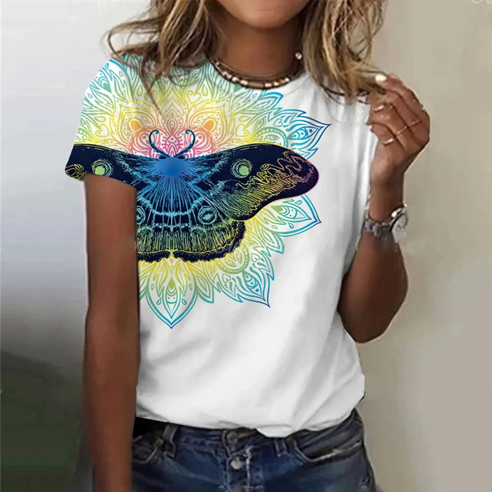 Summer Women Clothing T-shirt Crewneck Top Casual Comfort Short Sleeve Vintage Print Loose Breathable Clothing Women's T-shirt
