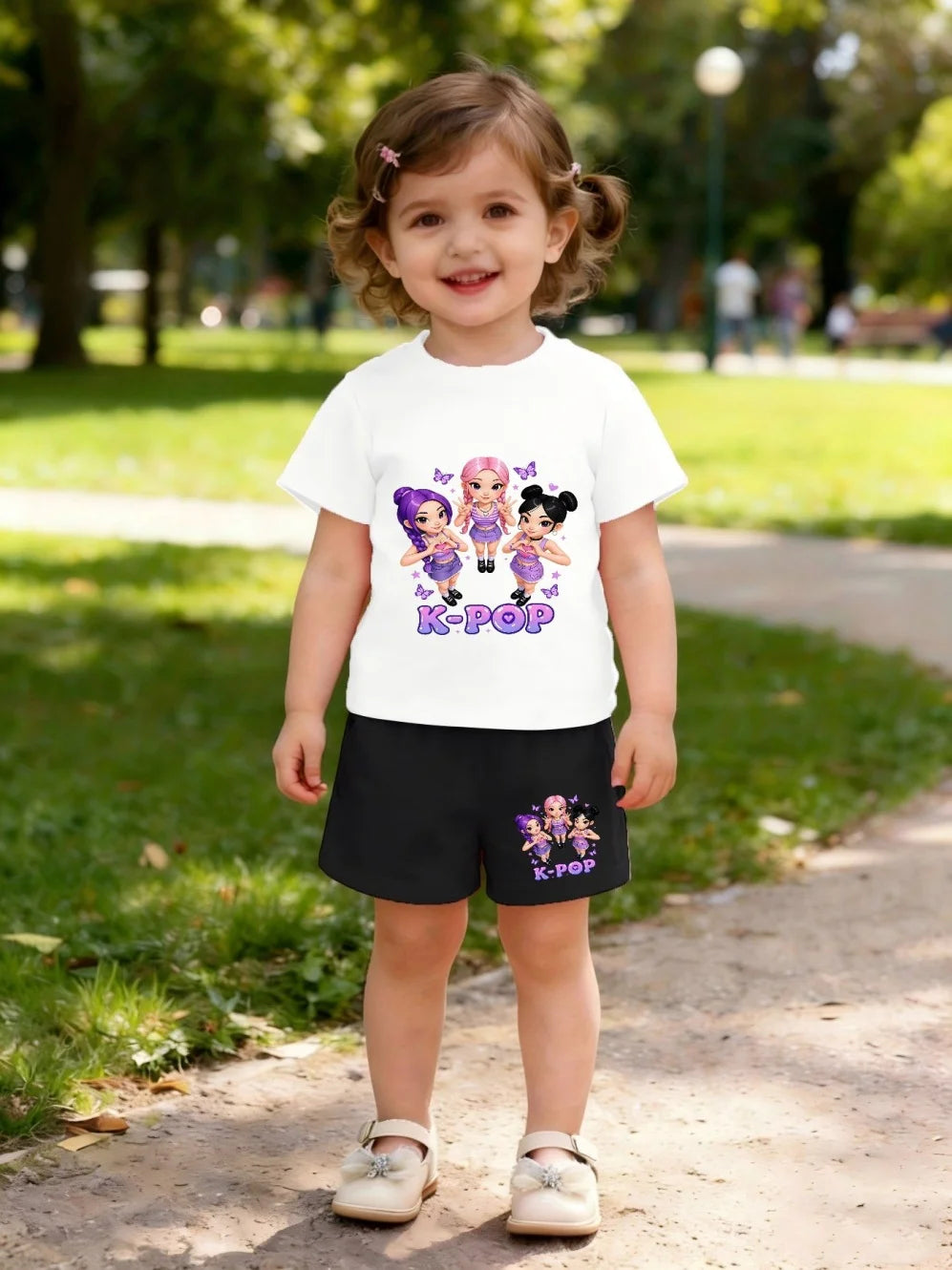 Summer Suit for Girl Fashion K-Pop Cartoon Girl Print Kids Set Outdoor Casual Streetwear Short Sleeves Teen Girl Clothes Suit