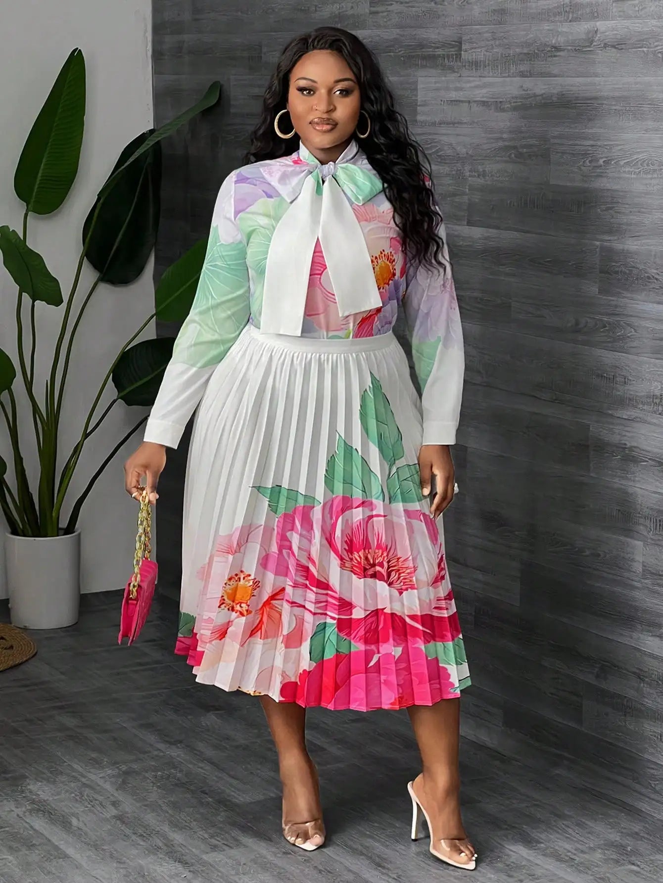 Slaydiva Plus Size Floral Print Blouse & Pleated A-Line Skirt Set for Women, Elegant Spring Summer Outfit
