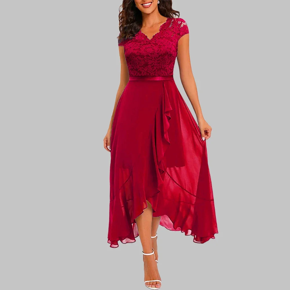 Women Evening Party Dress Summer Elegant Fashion Sleeveless Lace Spliced Chiffon Ruffled Irregular Hem Cocktail Long Dresses