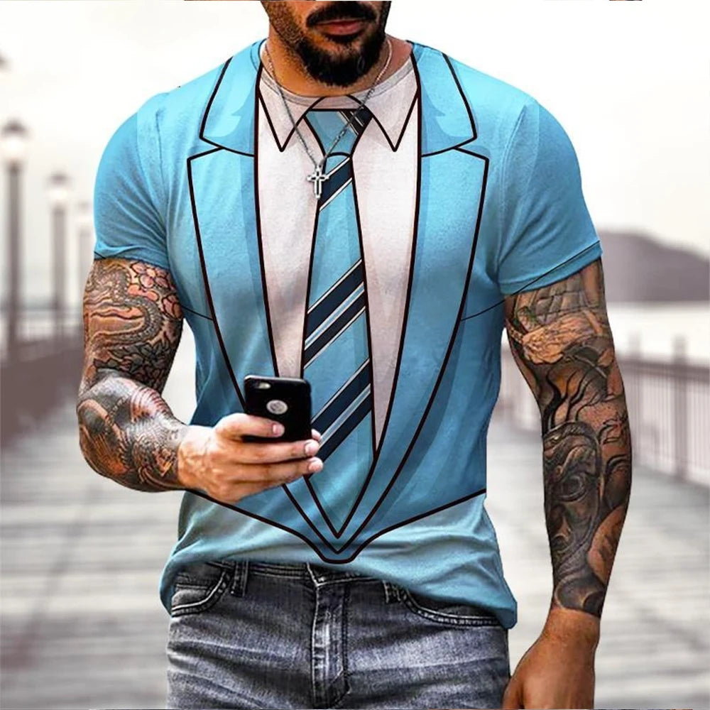 Summer fashion funny fake suit 3D printed T-shirt tailcoat tie T-shirt men's street short sleeved T-shirt