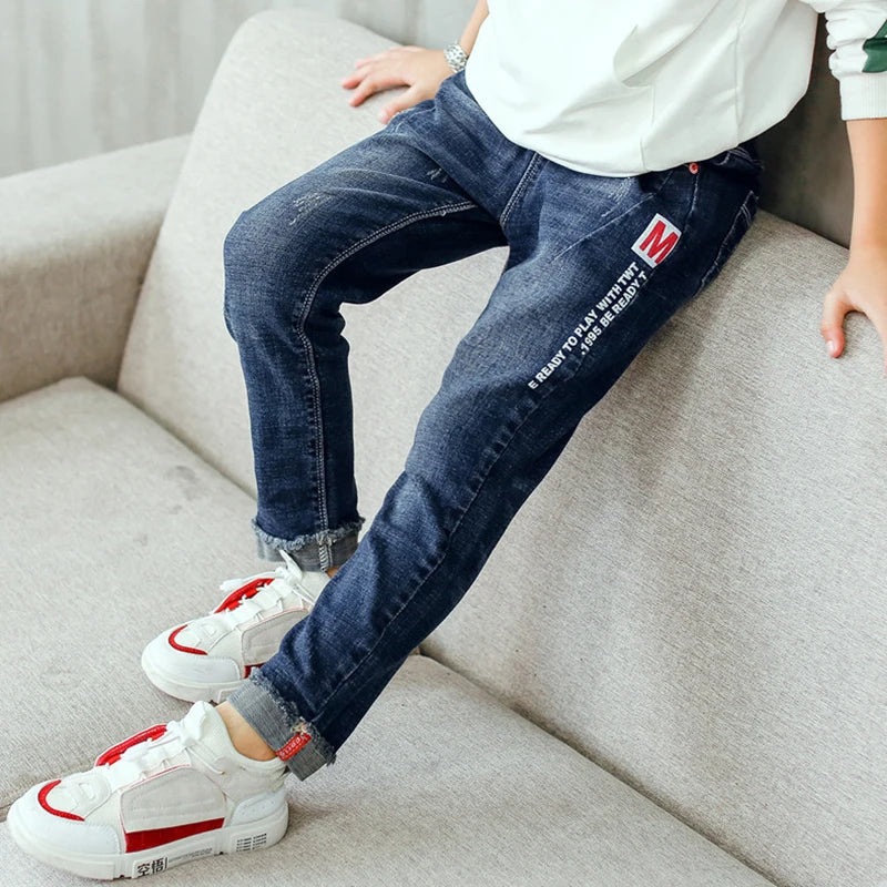 New Spring Autumn Boys Jeans Letter M Slim Fit Style Casual Long Trousers For Kids Handsome Children Birthday Present
