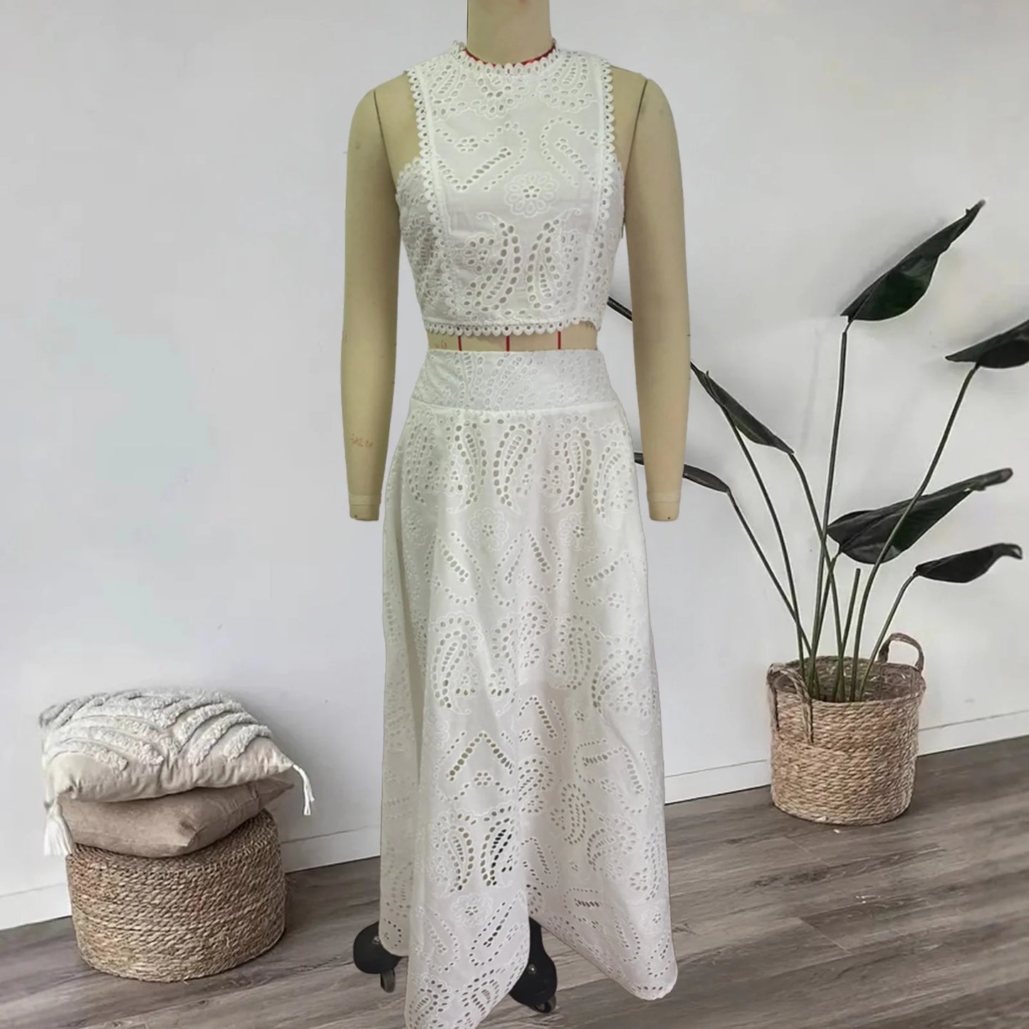 Women's Summer 2 Piece Outfits Tank Crop Tops Long Skirt Set Sleeveless Maxi Dress with Pocket Nightclub Party Dress