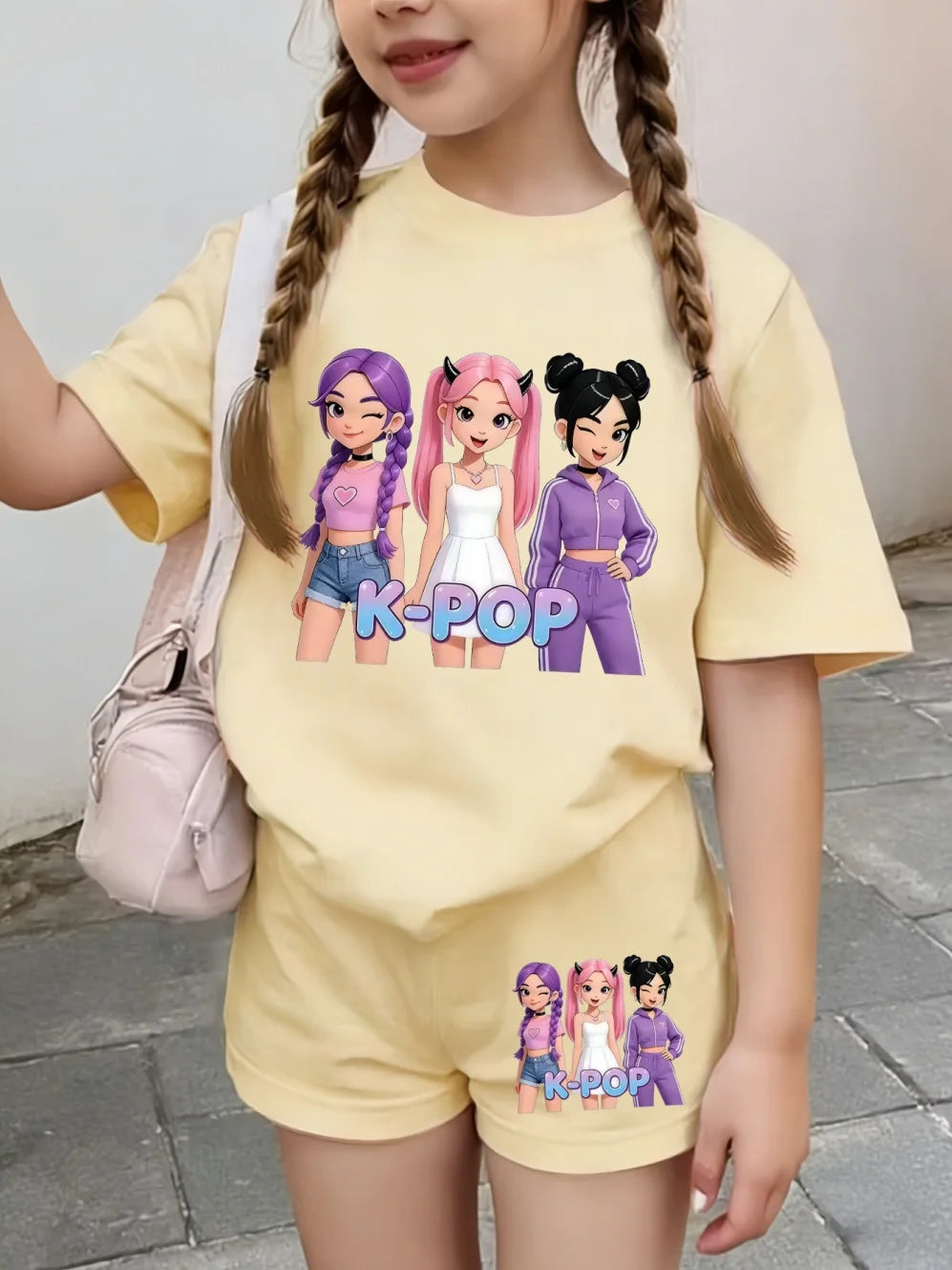 Summer Suit for Girl Fashion K-Pop Cartoon Girl Print Kids Set Outdoor Casual Streetwear Short Sleeves Teen Girl Clothes Suit