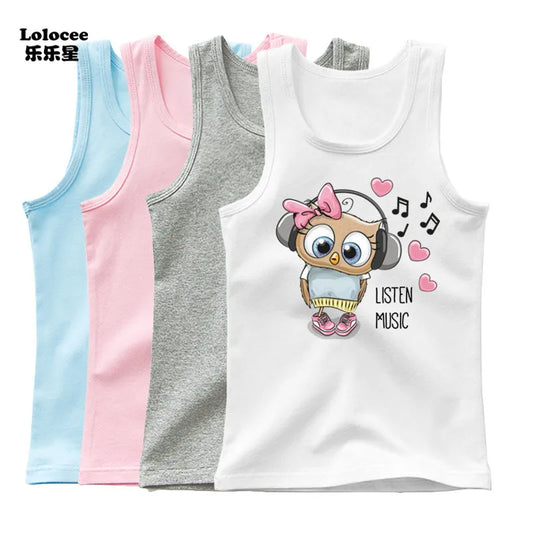 Girls Sleeveless Vest 2025 Summer New Sports Undershirt Cute Owl Print Cotton Tank Top for Kids 3-14 Years