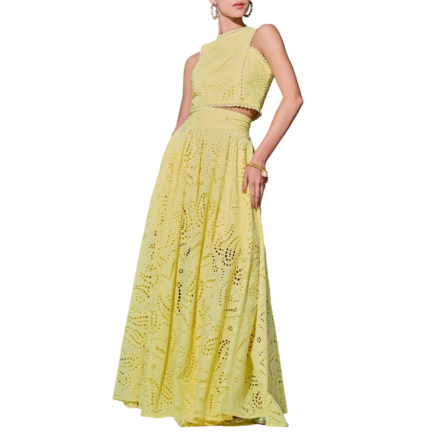 Women's Summer 2 Piece Outfits Tank Crop Tops Long Skirt Set Sleeveless Maxi Dress with Pocket Nightclub Party Dress
