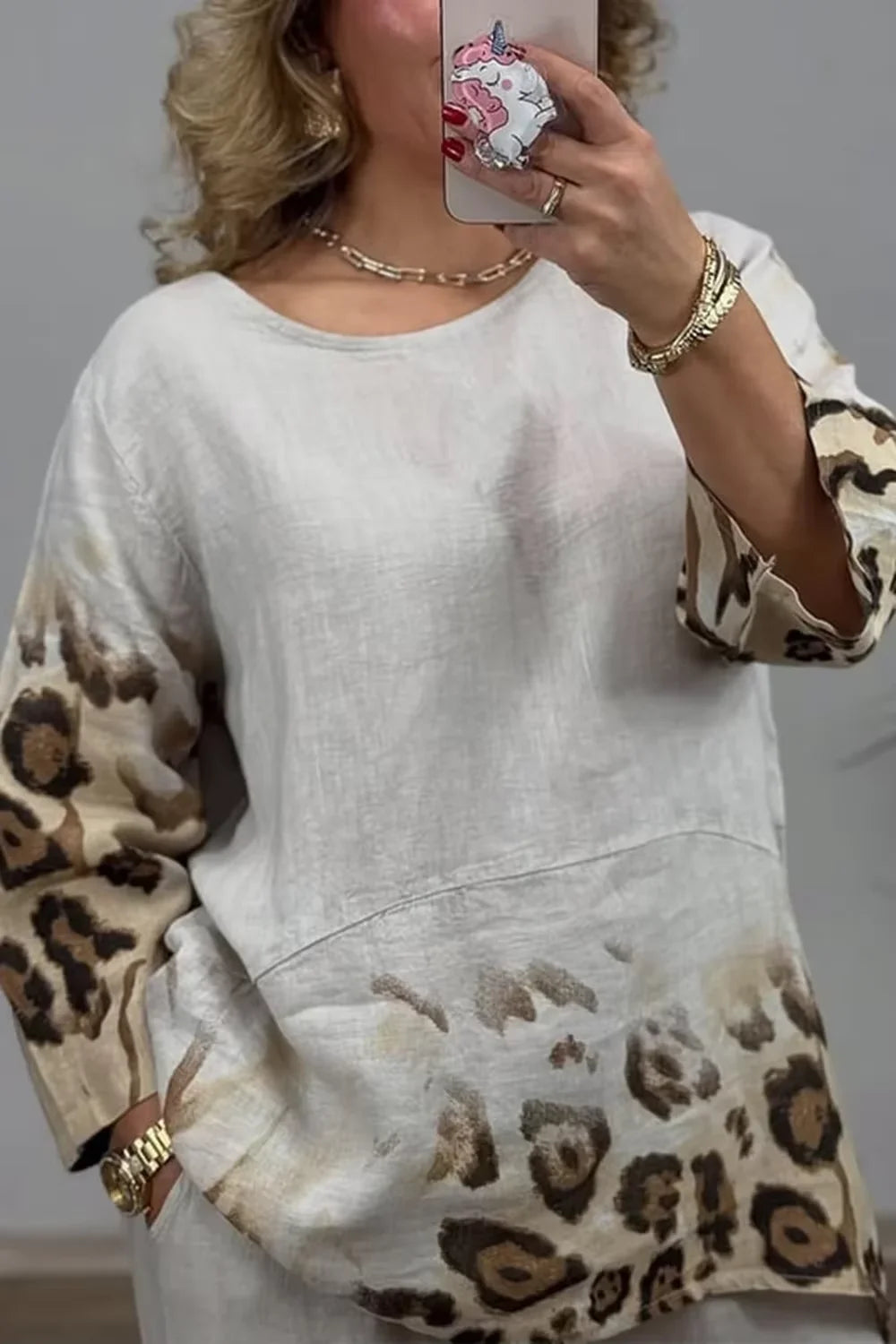 Women's Plus Size Two Piece Set Vacation Casual Leopard Round Neck Short Sleeve Pocket Two Piece Pant Sets Vintage Matching Set
