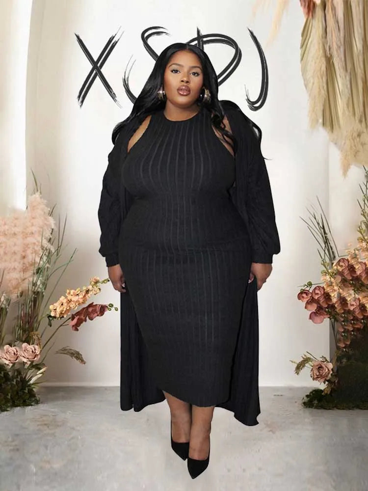 4x Plus Size Women Clothing Sets Autumn Long Cardigan Dress Suit Chic and Elegant Knitted Dress Suit Wholesale Dropshipping