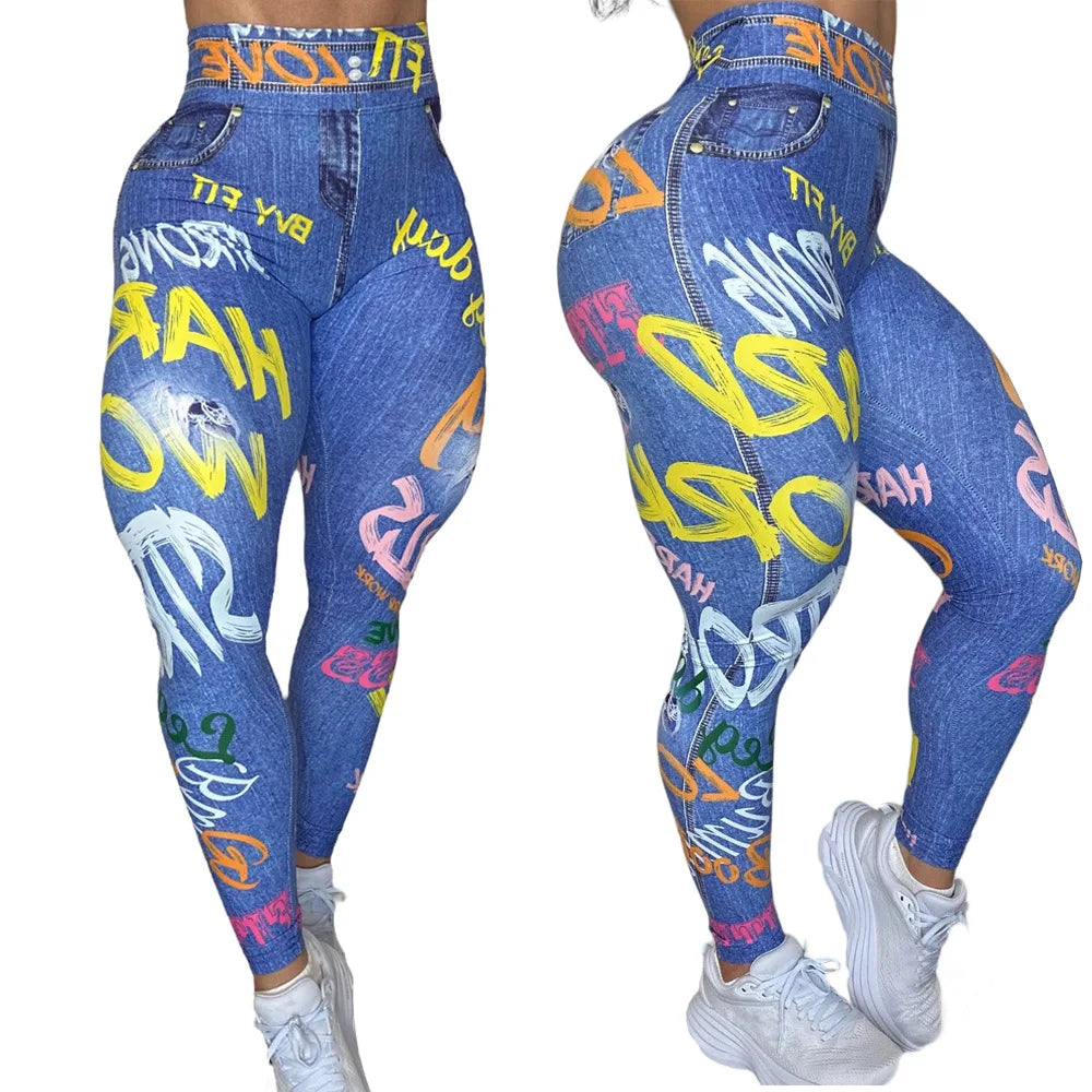 Women Semales Slim Legging Imitation Denim Printed High Waist Yoga Pants with Sexy Alphabet Lifting Hip Underpants