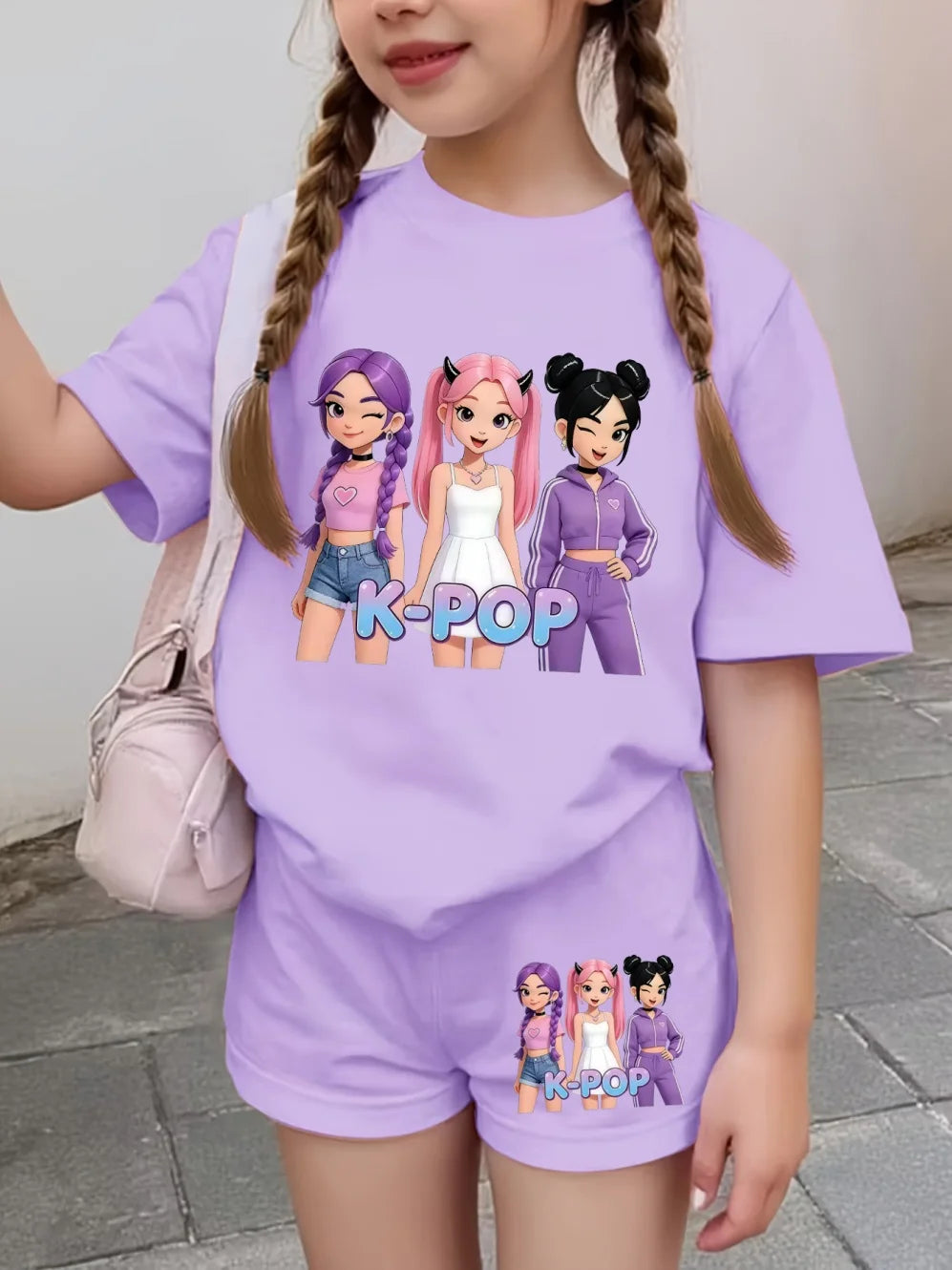 Summer Suit for Girl Fashion K-Pop Cartoon Girl Print Kids Set Outdoor Casual Streetwear Short Sleeves Teen Girl Clothes Suit
