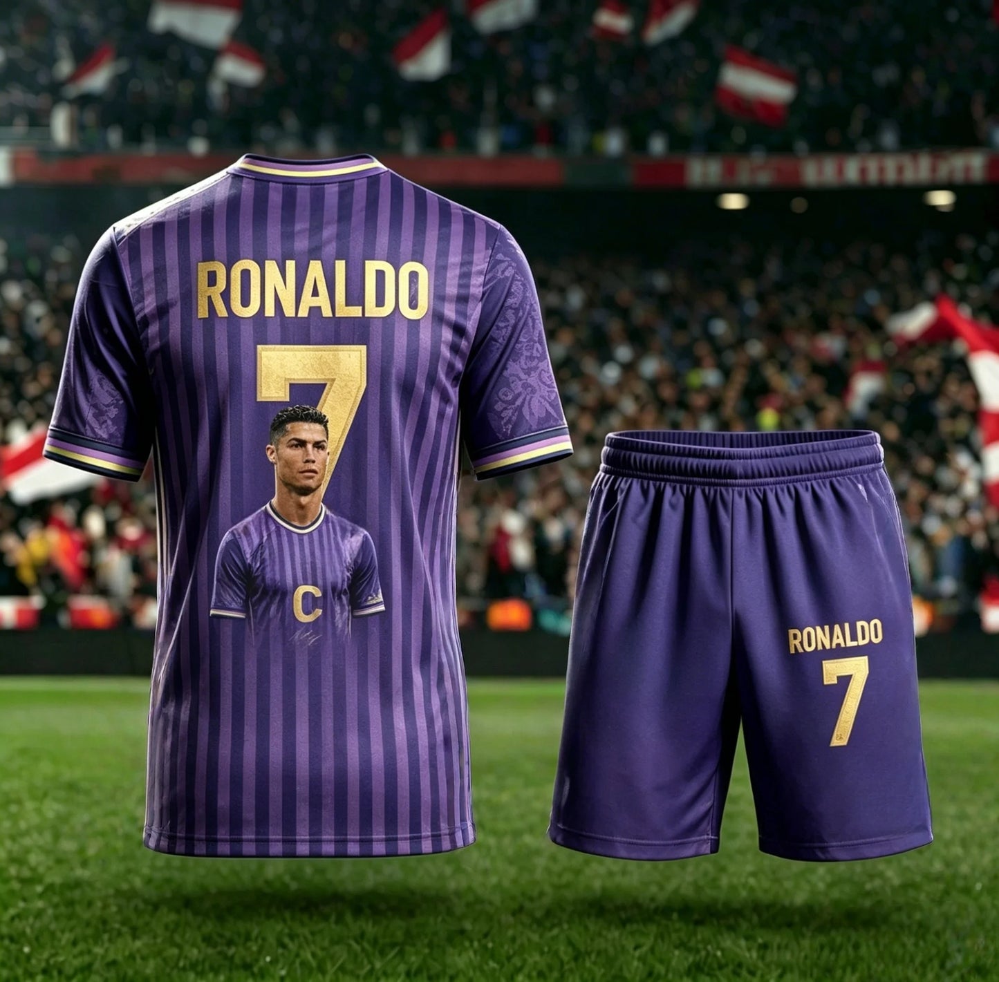 2026 Summer New # 7 Cristiano Ronaldo Short Sleeved AI Red Purple Football Shirt Adult Children Fashion Casual Large Sports Set