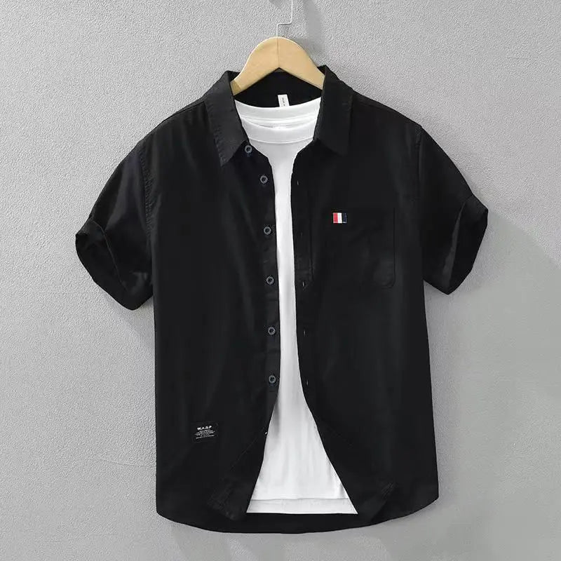 Men Clothing Summer Vintage Simple Appliques Lapel Button Down Shirt Trendy Casual Short Sleeve Slim Comfortable All Match Tops