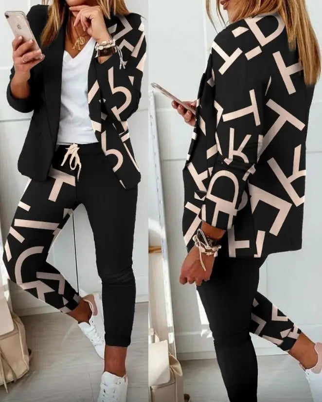Office Two Piece Set for Women Shawl Collar Long Sleeve Daily Work Medium Stretch Plaid Print Blazer & Drawstring Ol Pants Set