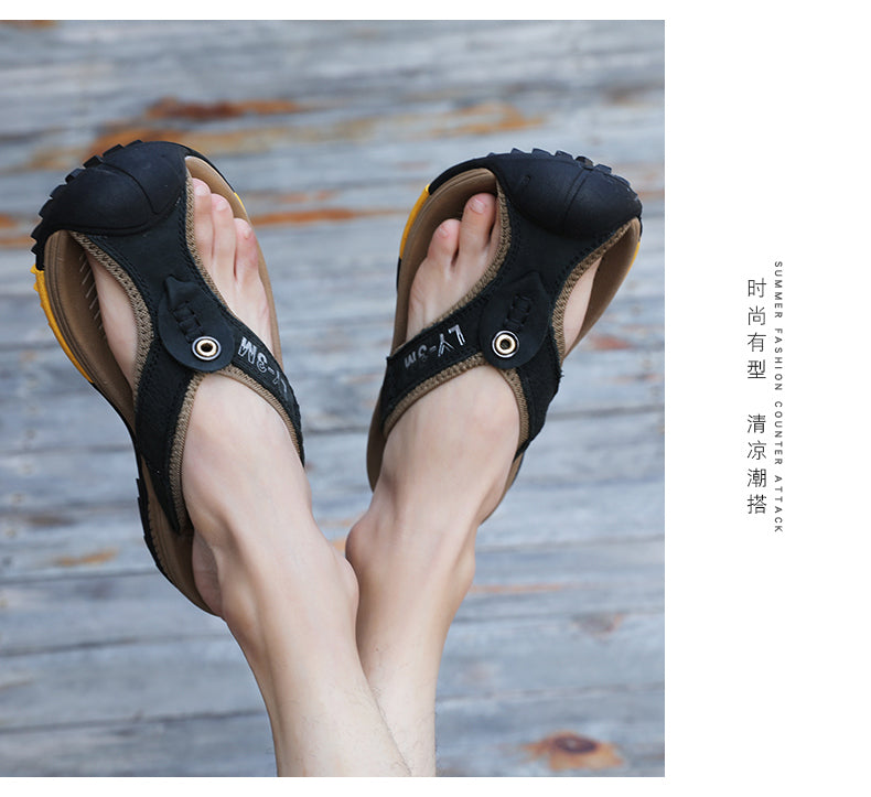 Genuine Cow Leather Shoes Men Sandals Mens Flip Flops Men's Casual Shoes Classic Massage Beach Slippers Anti-slip Summer 2021