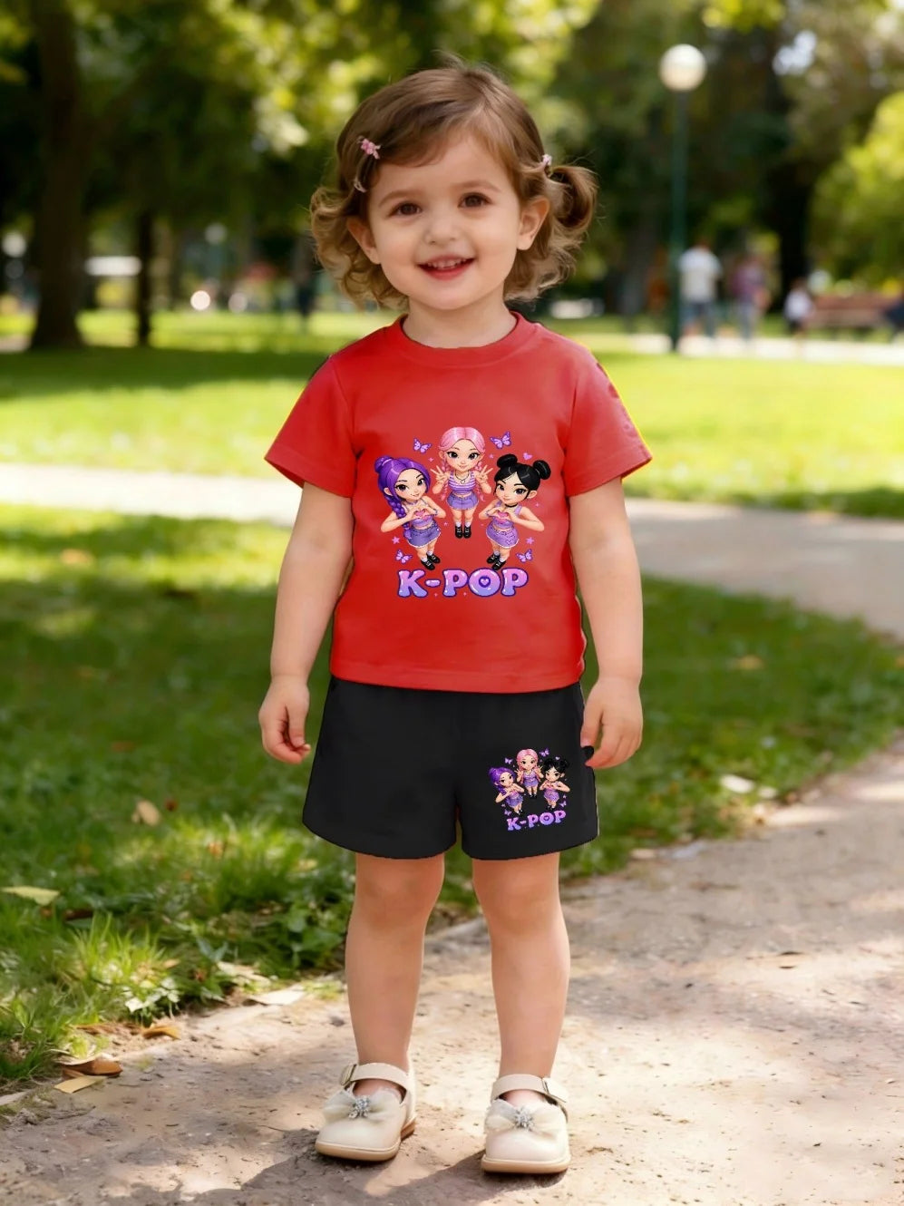 Summer Suit for Girl Fashion K-Pop Cartoon Girl Print Kids Set Outdoor Casual Streetwear Short Sleeves Teen Girl Clothes Suit