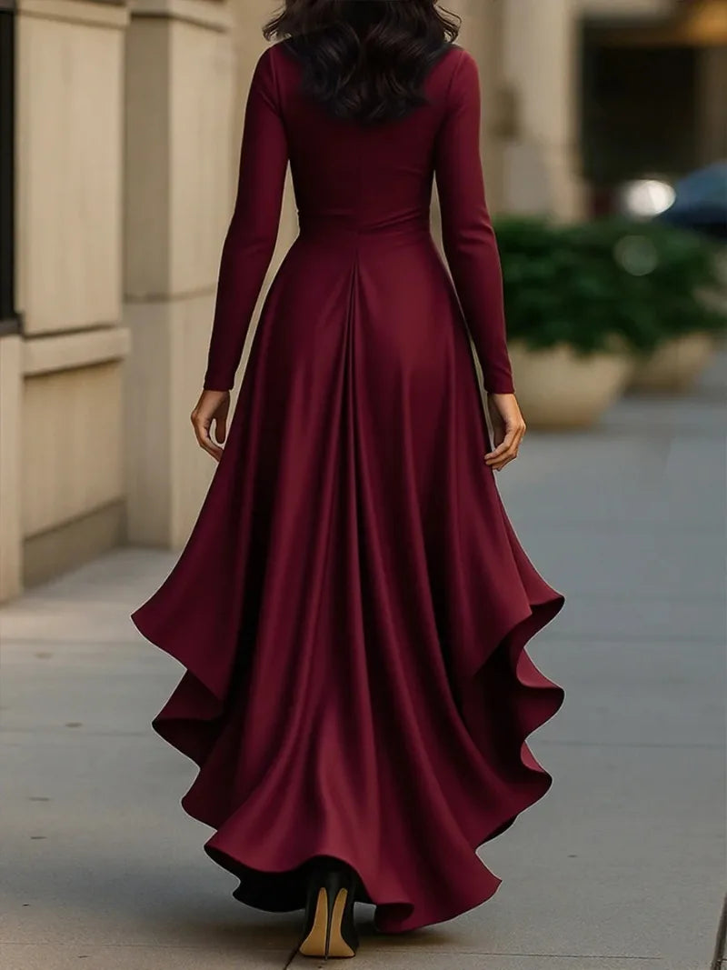 Annual Meeting Long-Sleeved Women V-Neck Dress Satin Ruffle Dress Elegant Evening Gown Mermaid Skirt for Banquets