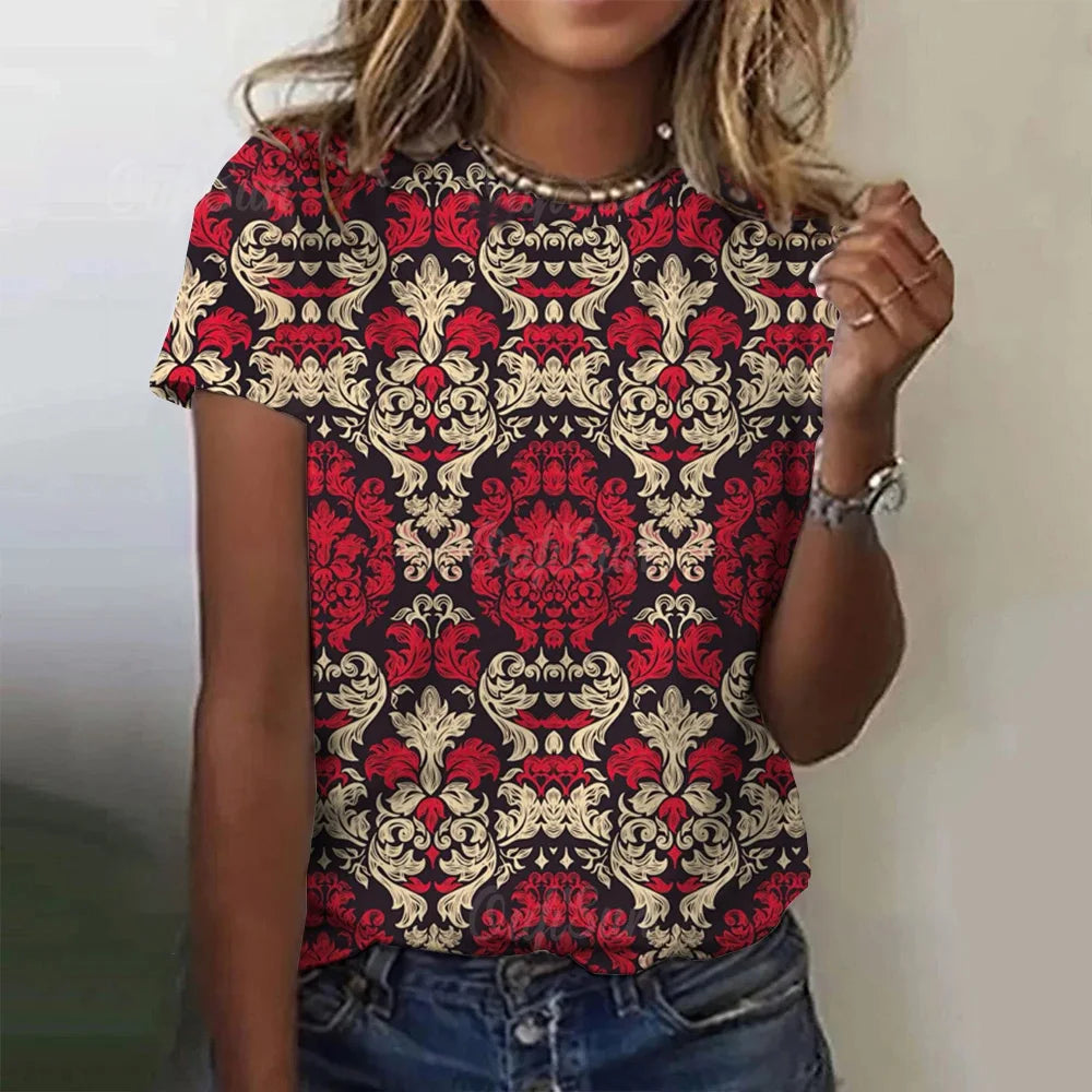Summer Women Clothing T-shirt Crewneck Top Casual Comfort Short Sleeve Vintage Print Loose Breathable Clothing Women's T-shirt