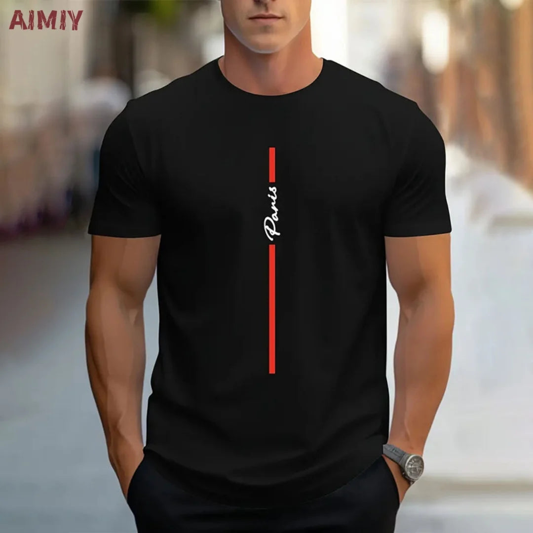 Summer Men's T-shirt Top Casual Loose Fit Oversized T-shirt PARI Letter Pattern Printed Round Neck Short Sleeved Homme Vêtement