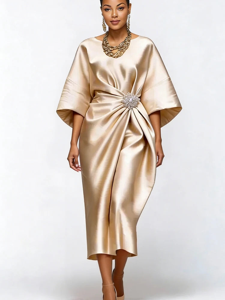 Navy Blue Satin Midi Dress Women Boat Neck Batwing Sleeve Rhinestone Waist Decor Ruched Elegant Evening Party Cocktail Dress