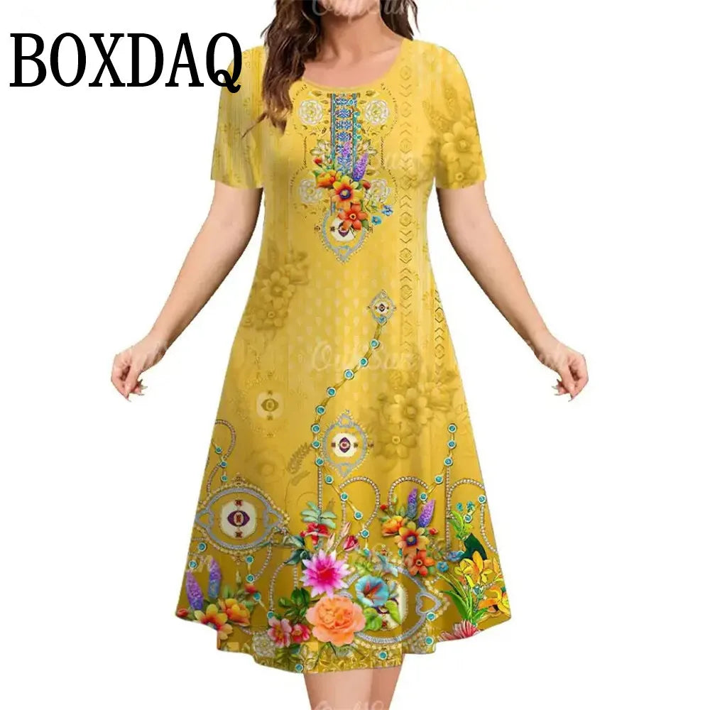 Summer Short Sleeve Clothing Colorful Print Women's Dresses 2025 Casual Fashion Plus Size Loose Pullover Elegant Dress For Woman