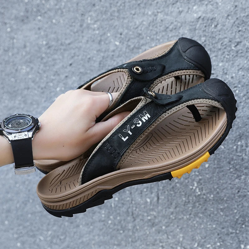 Genuine Cow Leather Shoes Men Sandals Mens Flip Flops Men's Casual Shoes Classic Massage Beach Slippers Anti-slip Summer 2021