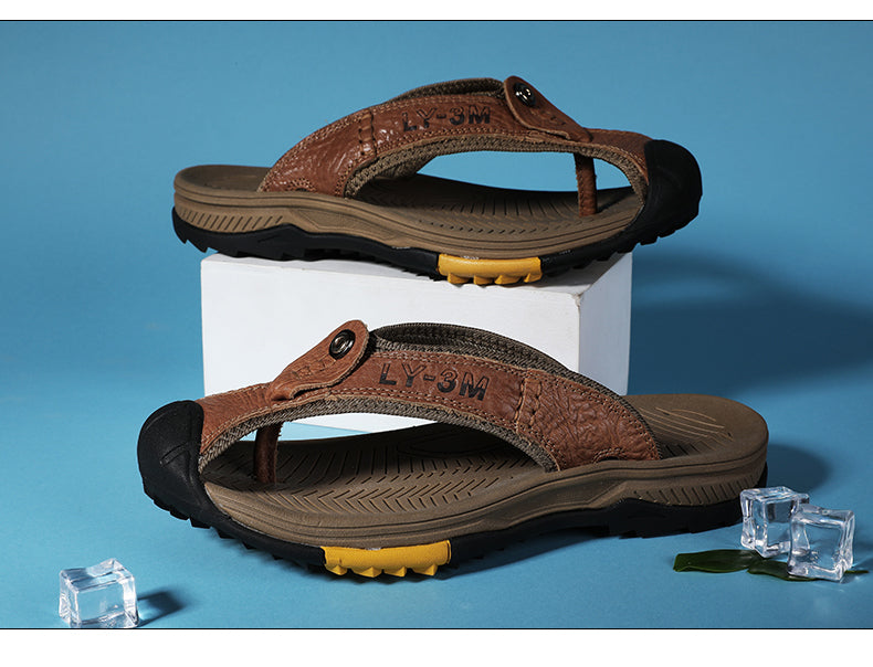 Genuine Cow Leather Shoes Men Sandals Mens Flip Flops Men's Casual Shoes Classic Massage Beach Slippers Anti-slip Summer 2021