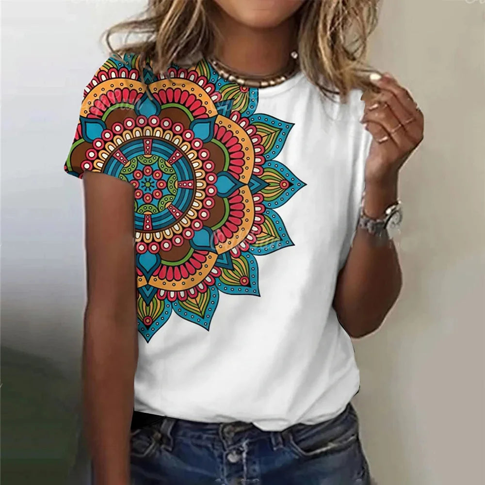 Summer Women Clothing T-shirt Crewneck Top Casual Comfort Short Sleeve Vintage Print Loose Breathable Clothing Women's T-shirt