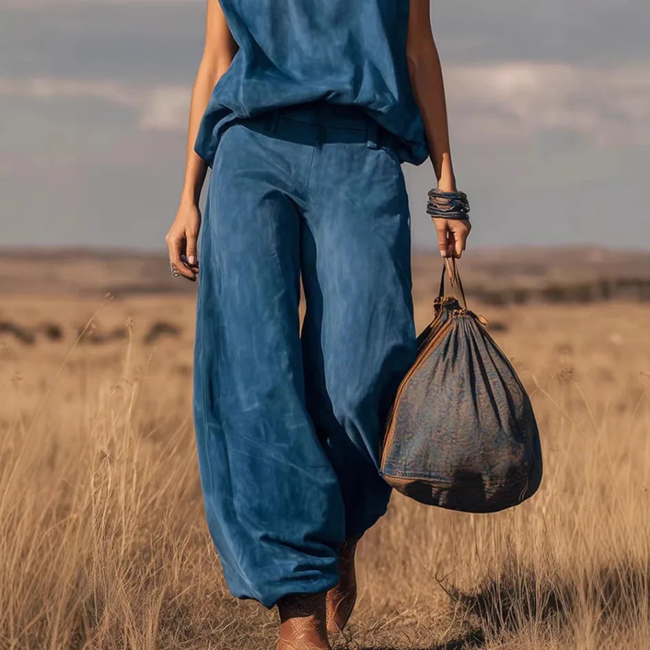 Summer Casual Outfits Female Fashion Solid Color Two Piece Set for Women Sleeveless Top & Wide Leg Pants Holiday Matching Set