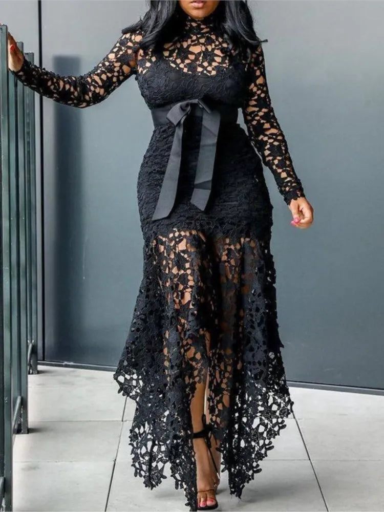 2025 Spring New Arrival Women Dress Summer Elegant Fashion Hollow Out Lace Party Dress Round Neck A-line Prom Women Clothes