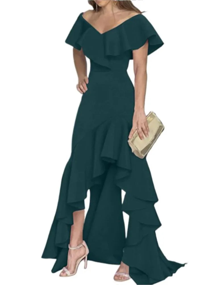 Summer Women Elegant Evening Long Dress 2025 Fashion Elegant V Neck Slim Wrap Hip Solid Color Party Prom Ruffle Sleeves Vestidos