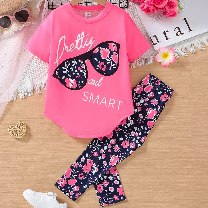Summer Girls Clothing Sets 2024 New Cotton Fashion Short Sleeve T-shirt + Long Pants 2Pcs Suit for Kids Clothes 4 5 6 7 Years
