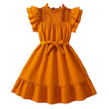 Kids Dress For Girls Brown Ruched Neckline Tiered Wing-Sleeve Belted Ruffled Dress 8-12 Years Summer Birthday Party Baptism Gown