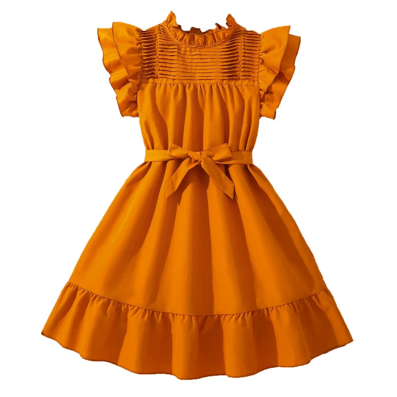 Kids Dress For Girls Brown Ruched Neckline Tiered Wing-Sleeve Belted Ruffled Dress 8-12 Years Summer Birthday Party Baptism Gown