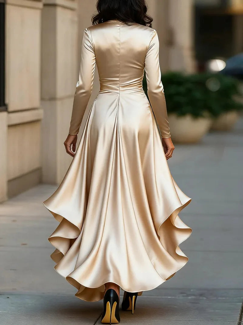 Annual Meeting Long-Sleeved Women V-Neck Dress Satin Ruffle Dress Elegant Evening Gown Mermaid Skirt for Banquets