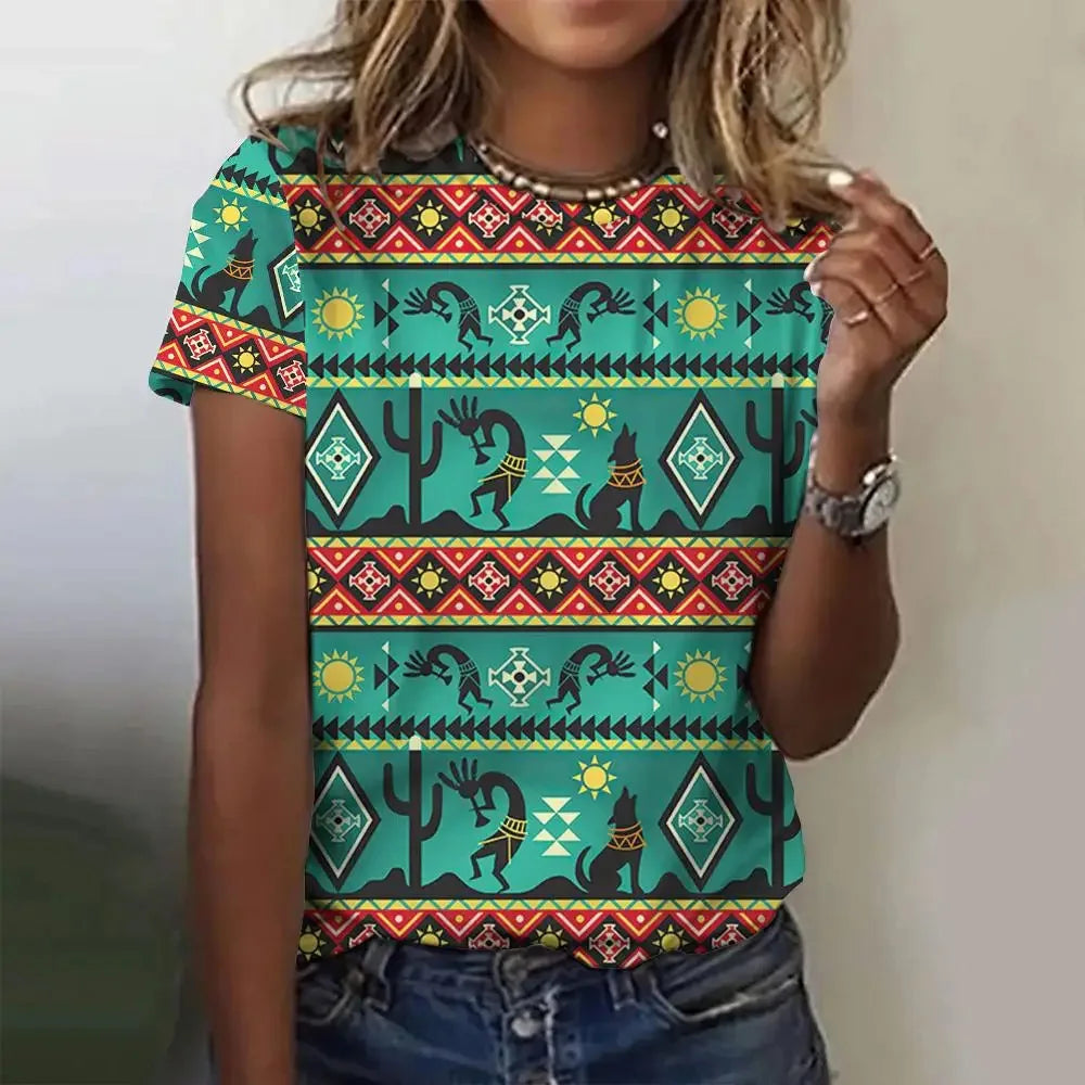 Summer Women Clothing T-shirt Crewneck Top Casual Comfort Short Sleeve Vintage Print Loose Breathable Clothing Women's T-shirt