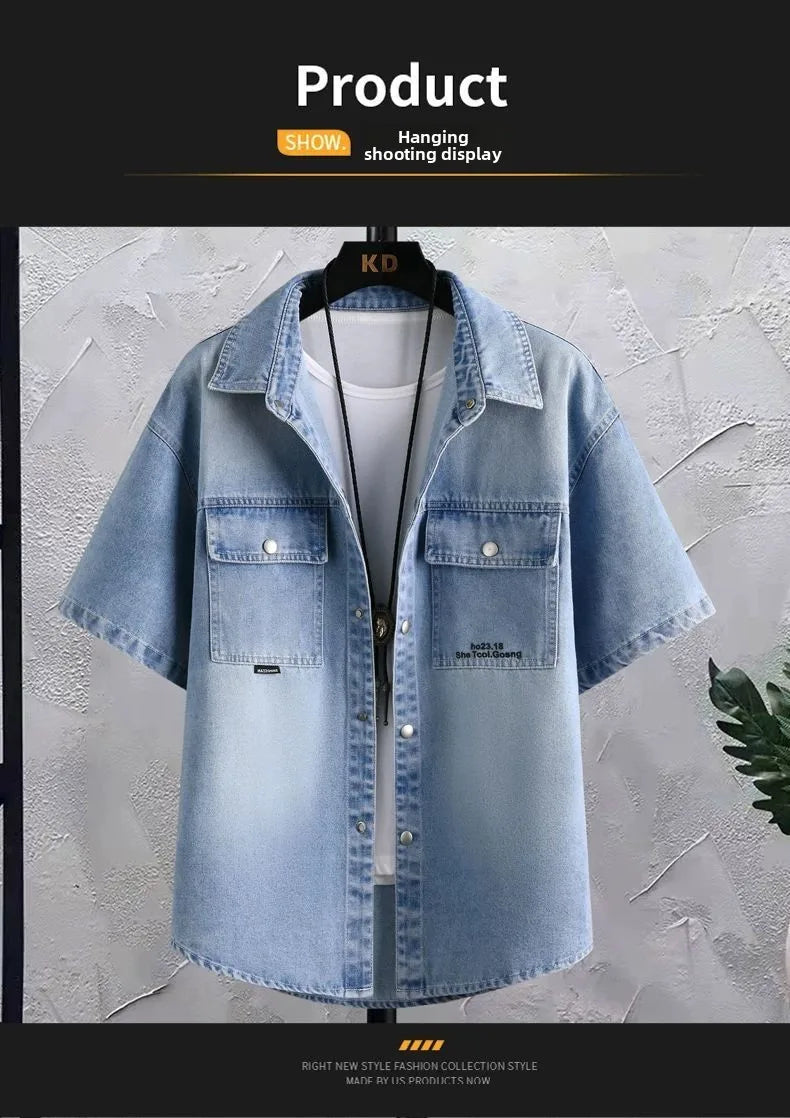 Summer 2025 Men Clothing Denim Short Sleeve Shirt Men's Retro Thin Light Blue Casual Top Student Half Sleeve Shirt with Pocket