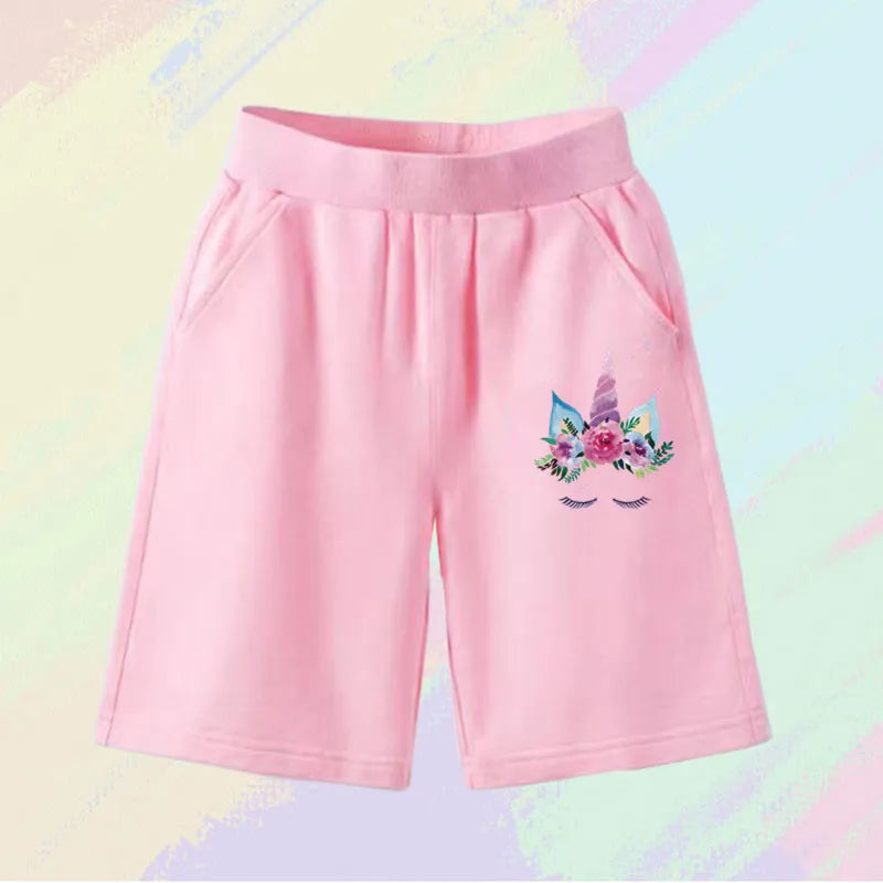 2025 Girls Summer Cat Ear Print Shorts Kids Elastic Waist Beach Short with Pocket Sports Short Pants Kids Cute Clothes 3-14y