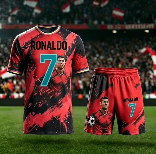 2026 Summer New # 7 Cristiano Ronaldo Short Sleeved AI Red Purple Football Shirt Adult Children Fashion Casual Large Sports Set