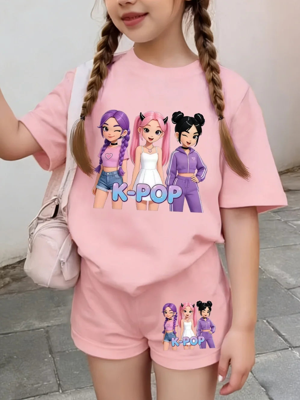 Summer Suit for Girl Fashion K-Pop Cartoon Girl Print Kids Set Outdoor Casual Streetwear Short Sleeves Teen Girl Clothes Suit