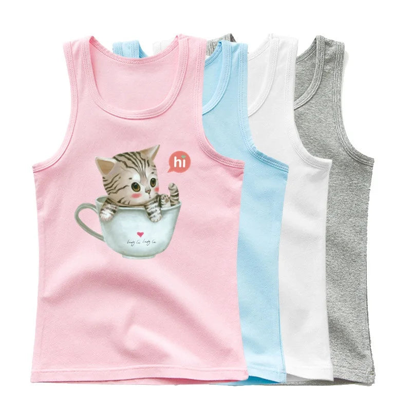 Girls Sleeveless Vest 2025 Summer New Sports Undershirt Cute Owl Print Cotton Tank Top for Kids 3-14 Years