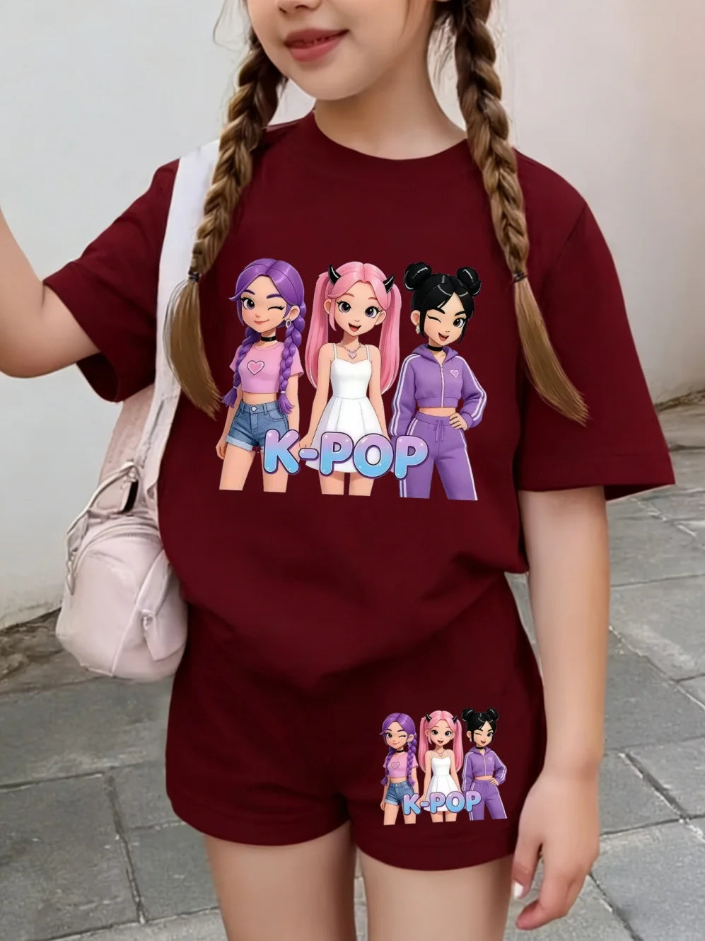 Summer Suit for Girl Fashion K-Pop Cartoon Girl Print Kids Set Outdoor Casual Streetwear Short Sleeves Teen Girl Clothes Suit
