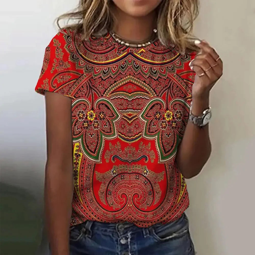 Summer Women Clothing T-shirt Crewneck Top Casual Comfort Short Sleeve Vintage Print Loose Breathable Clothing Women's T-shirt