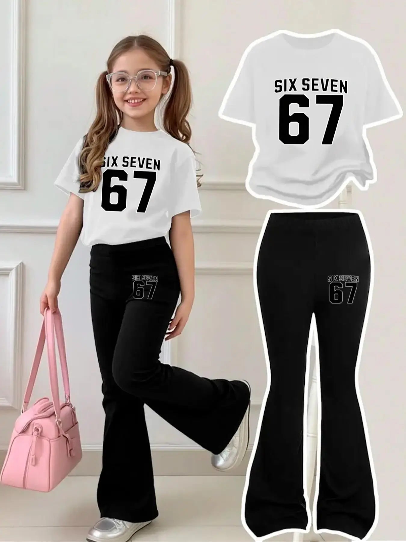 Children's Clothing Girls' Short-Sleeved Set for Ages 4-12, Sweet and Cool Pink and Black, 67 Letter and Number Short-Sleeved Bell-Bottom Pants Set, Both Pants and Short-Sleeved Shirts Have 67 Six Seven Print