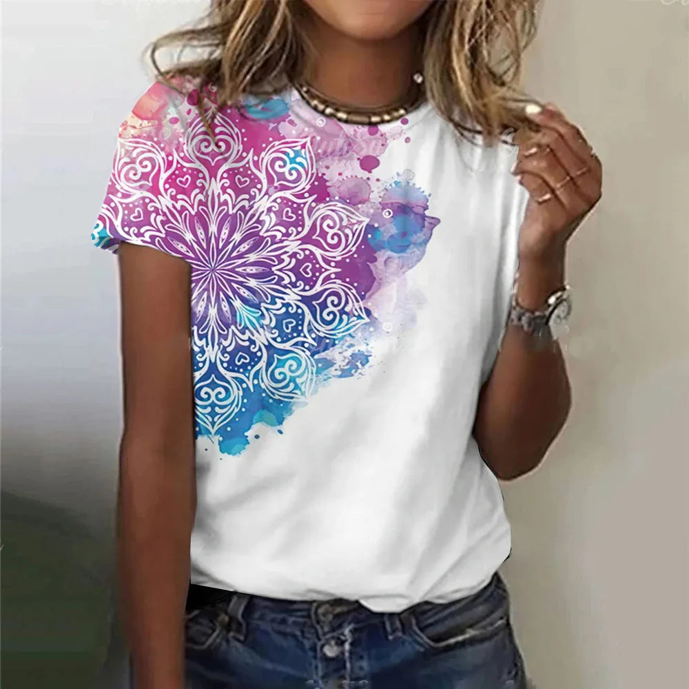 Summer Women Clothing T-shirt Crewneck Top Casual Comfort Short Sleeve Vintage Print Loose Breathable Clothing Women's T-shirt